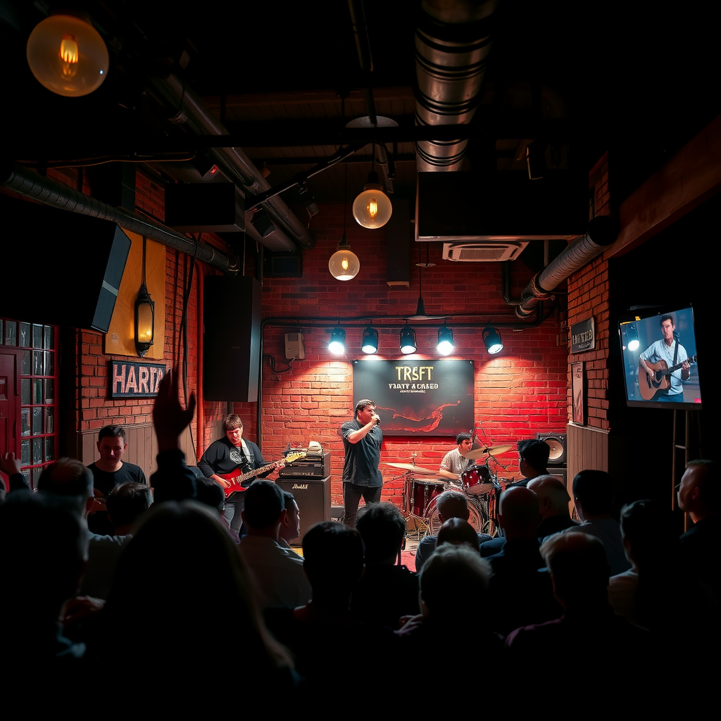 Dimly lit underground music venue in Bishkek with exposed brick walls, vintage lighting, and musicians performing on a small intimate stage surrounded by enthusiastic audience