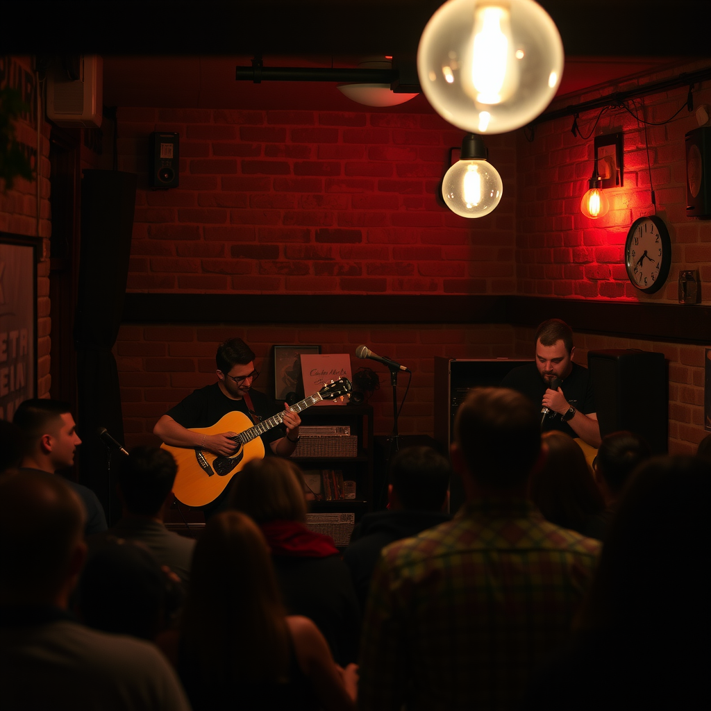 Dimly lit underground music venue in Bishkek with exposed brick walls, vintage lighting, and a small stage where local musicians perform for an intimate audience