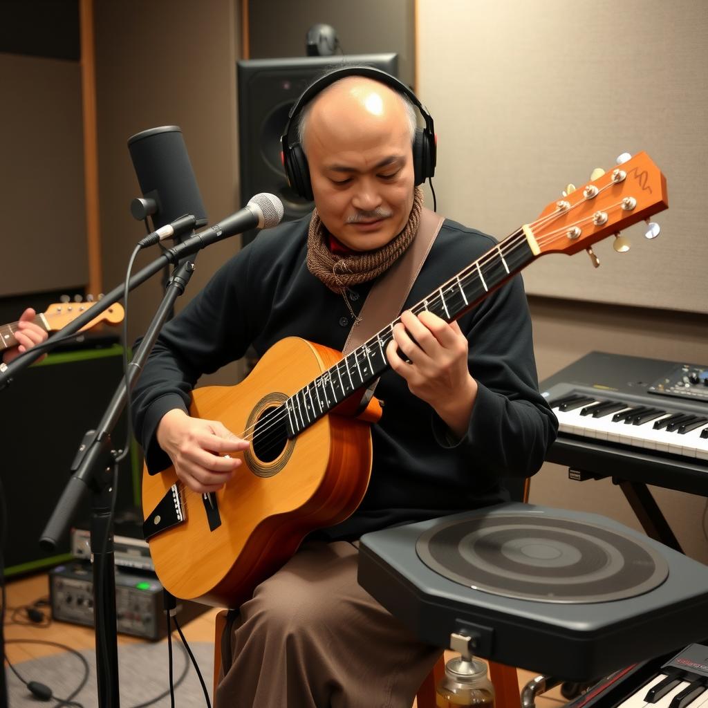 Kyrgyz musician playing traditional komuz instrument alongside modern electric guitar and synthesizer in recording studio