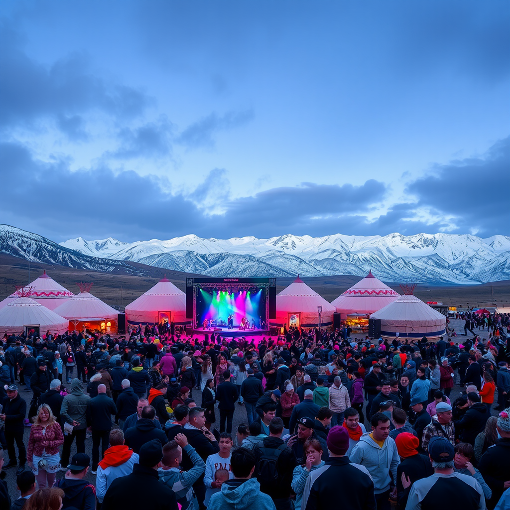 Panoramic view of a vibrant music festival in Kyrgyzstan with traditional yurts in the background, colorful stage lights illuminating performers, and crowds of people enjoying live music against the backdrop of snow-capped mountains