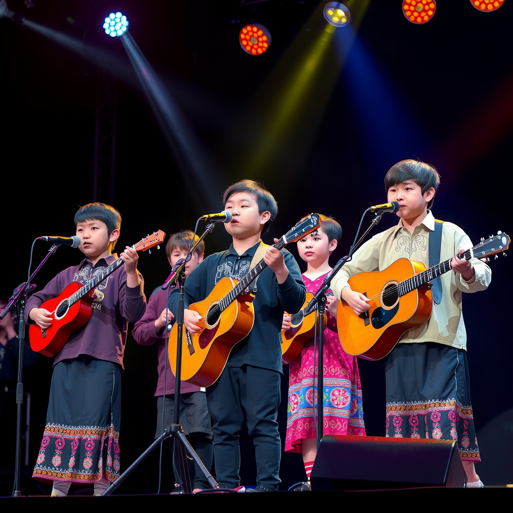 Five young Kyrgyz musicians performing on stage with traditional and modern instruments under colorful stage lights
