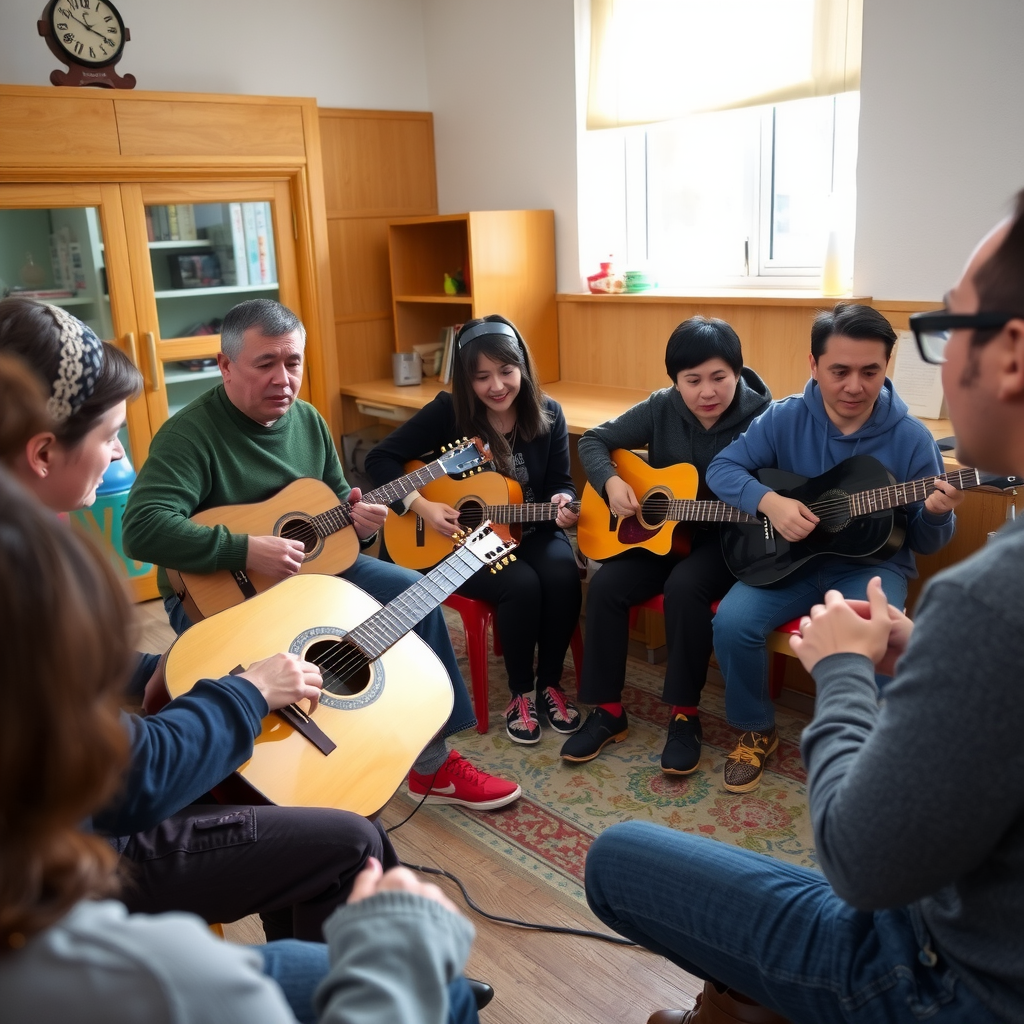 Diverse group of people participating in a community music workshop in Kyrgyzstan, with traditional instruments like komuz and modern guitars, people of different ages learning together in a bright community center