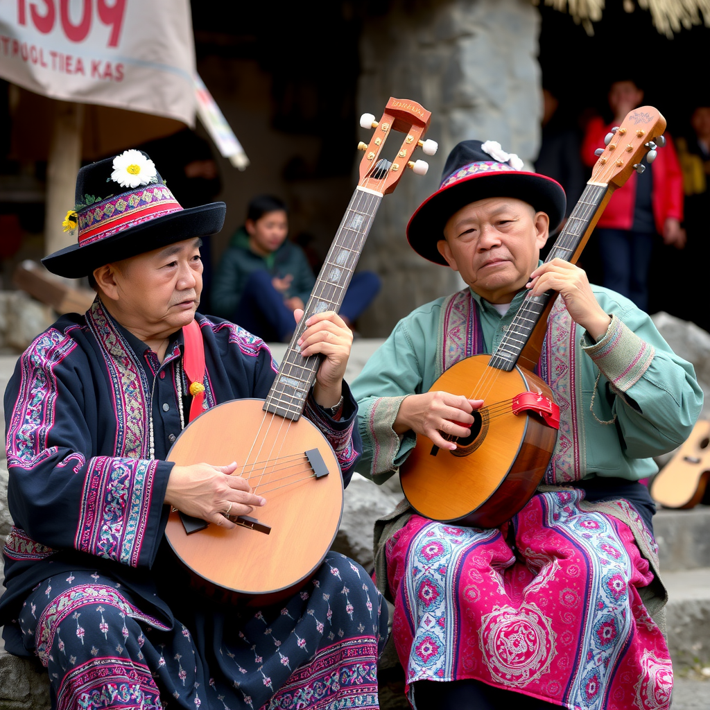 Traditional Kyrgyz musicians performing with traditional instruments like komuz and kyl-kiyak in a cultural setting