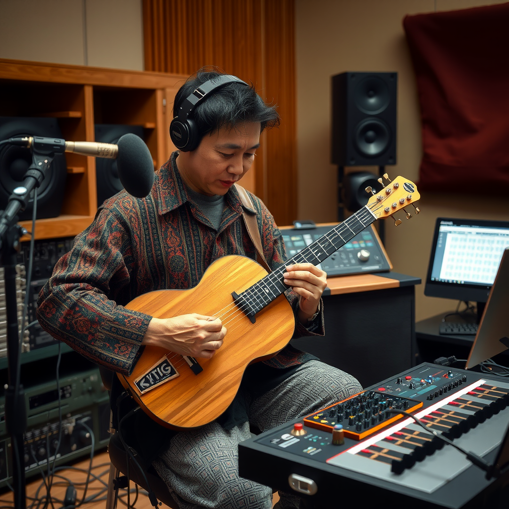 Kyrgyz musician playing traditional komuz instrument alongside modern electronic equipment, blending ancient folk melodies with contemporary music production in a recording studio