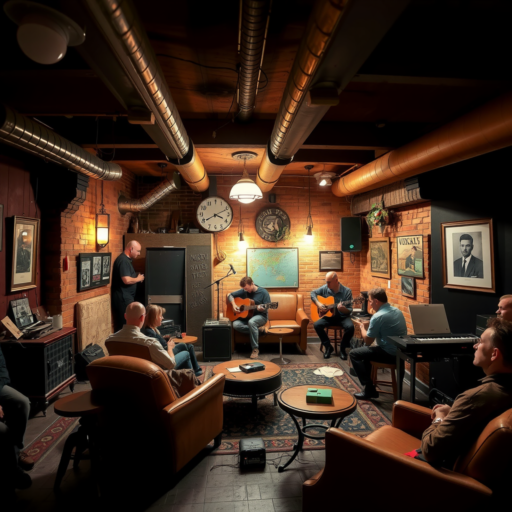 Cozy basement music club with low ceilings, warm lighting, vintage furniture, and local musicians setting up their equipment while a small audience gathers around