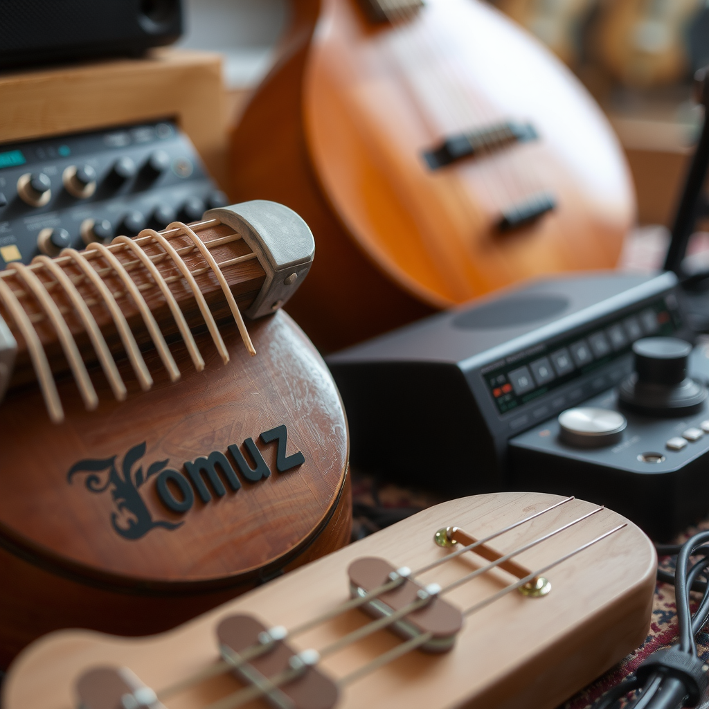 Close-up of traditional Kyrgyz komuz and kyl-kyyak instruments displayed with modern music equipment