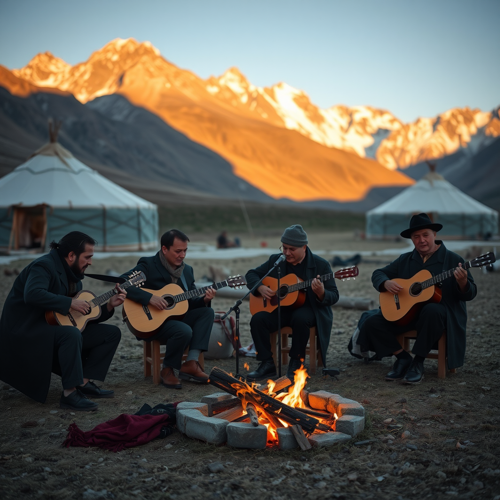 Intimate acoustic music session in a Kyrgyz mountain village with traditional musicians playing komuz around a campfire, surrounded by yurts and dramatic mountain peaks in the evening light