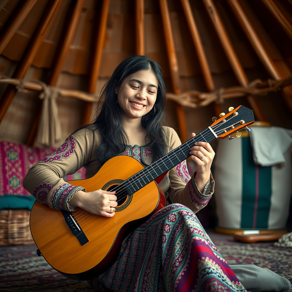 Young Kyrgyz woman with acoustic guitar sitting in traditional yurt setting with warm lighting