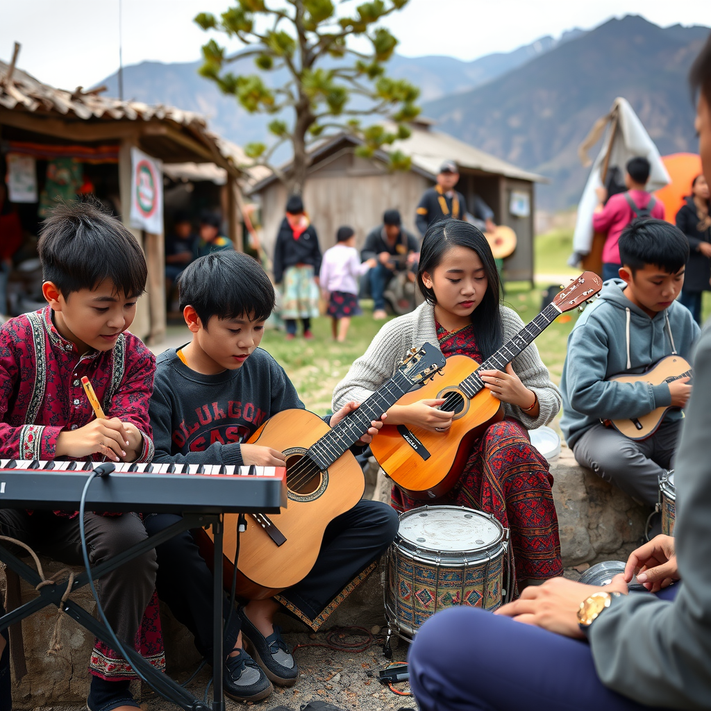 Young musicians playing traditional Kyrgyz komuz alongside modern instruments like keyboards and drums in an outdoor community setting with mountains in the background