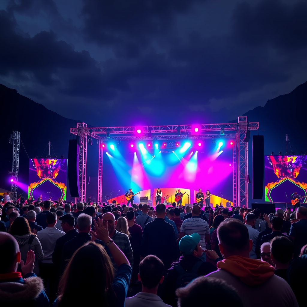 Vibrant outdoor music festival in Kyrgyzstan with colorful stage lights, enthusiastic crowd, mountain backdrop, and performers on stage celebrating local and international music