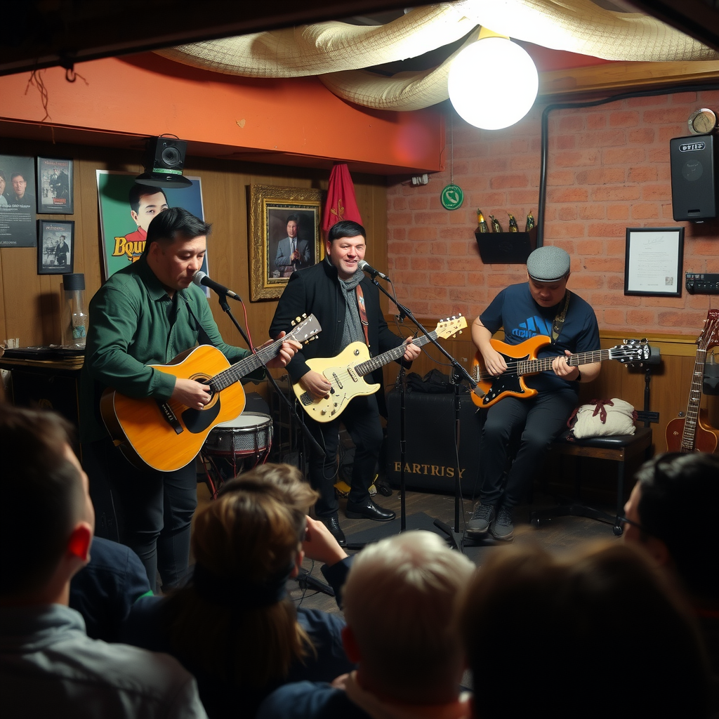 Local Kyrgyz band performing on a small stage in an underground venue, with passionate musicians playing traditional and modern instruments while an engaged audience watches closely