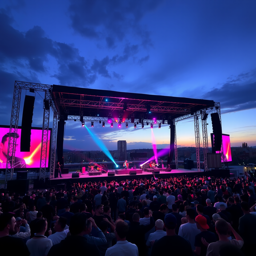 Large outdoor music festival stage in Bishkek with colorful lighting, enthusiastic crowds, and the city skyline visible in the background during an evening performance