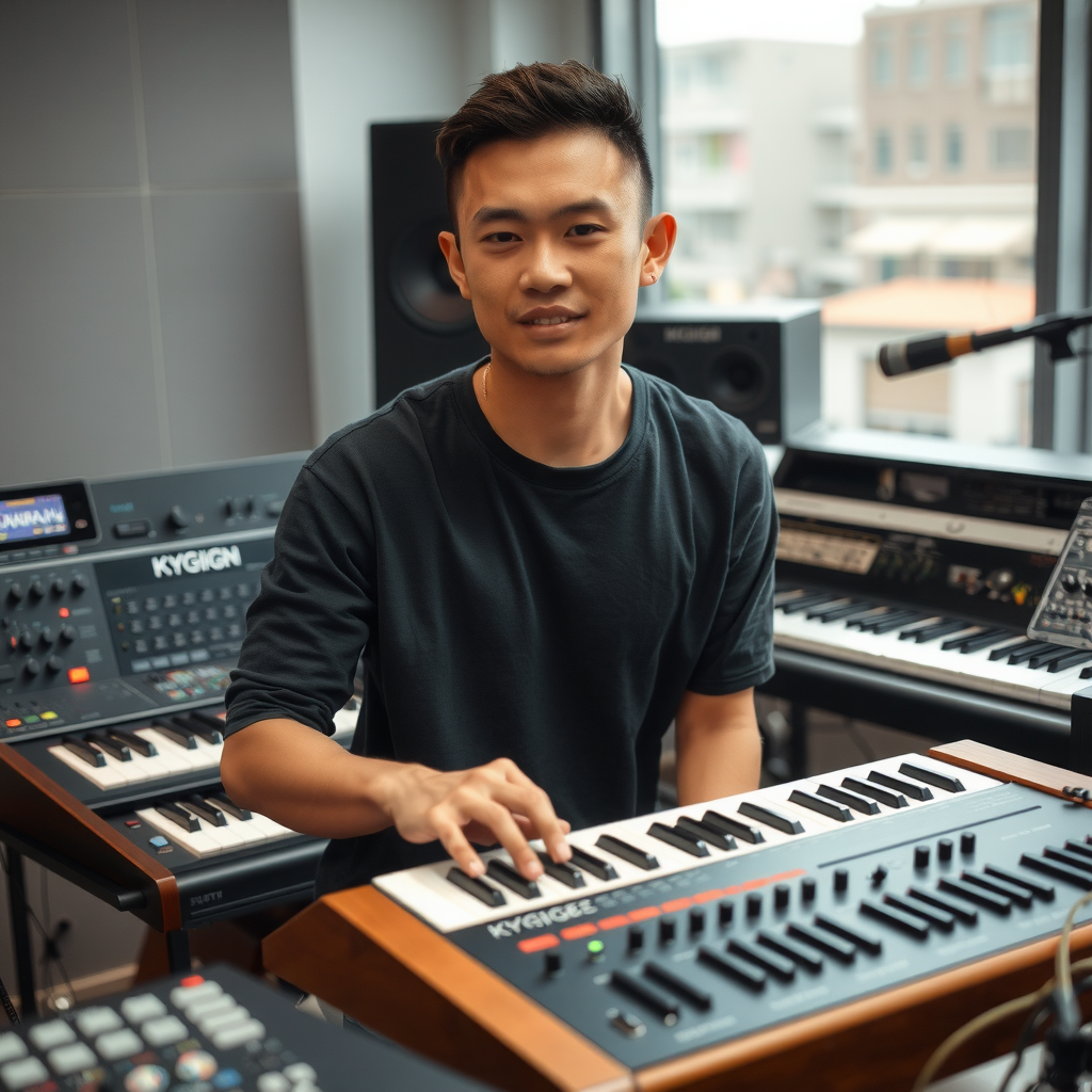 Young man at electronic music setup with synthesizers and traditional Kyrgyz instruments in modern studio