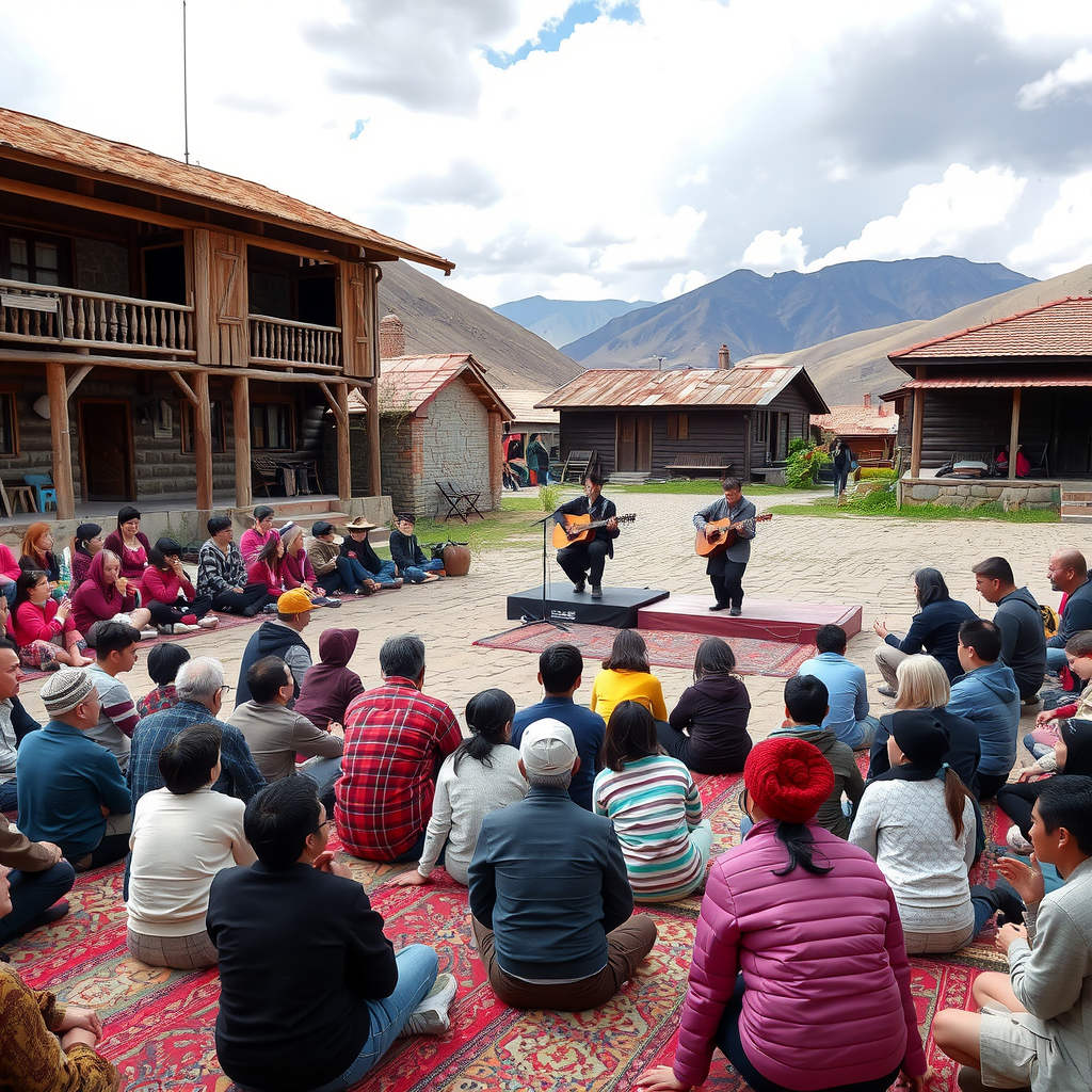 Outdoor community music performance in a Kyrgyz village square with audience members of all ages sitting on traditional carpets, musicians performing on a small stage with mountains visible in the distance