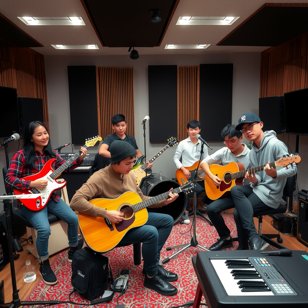 Young talented Kyrgyz musicians in a modern recording studio, diverse group of artists with various instruments including guitars, keyboards, and traditional instruments, representing the future of music