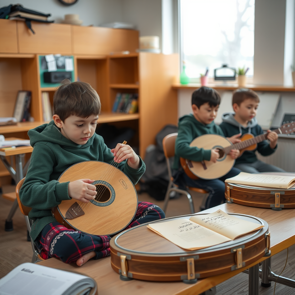 Young Kyrgyz students learning traditional instruments in modern music classroom setting