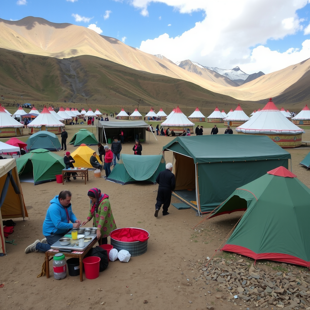 Well-organized festival camping area in the Kyrgyz mountains with colorful tents, festival-goers preparing meals, and traditional yurts providing accommodation options