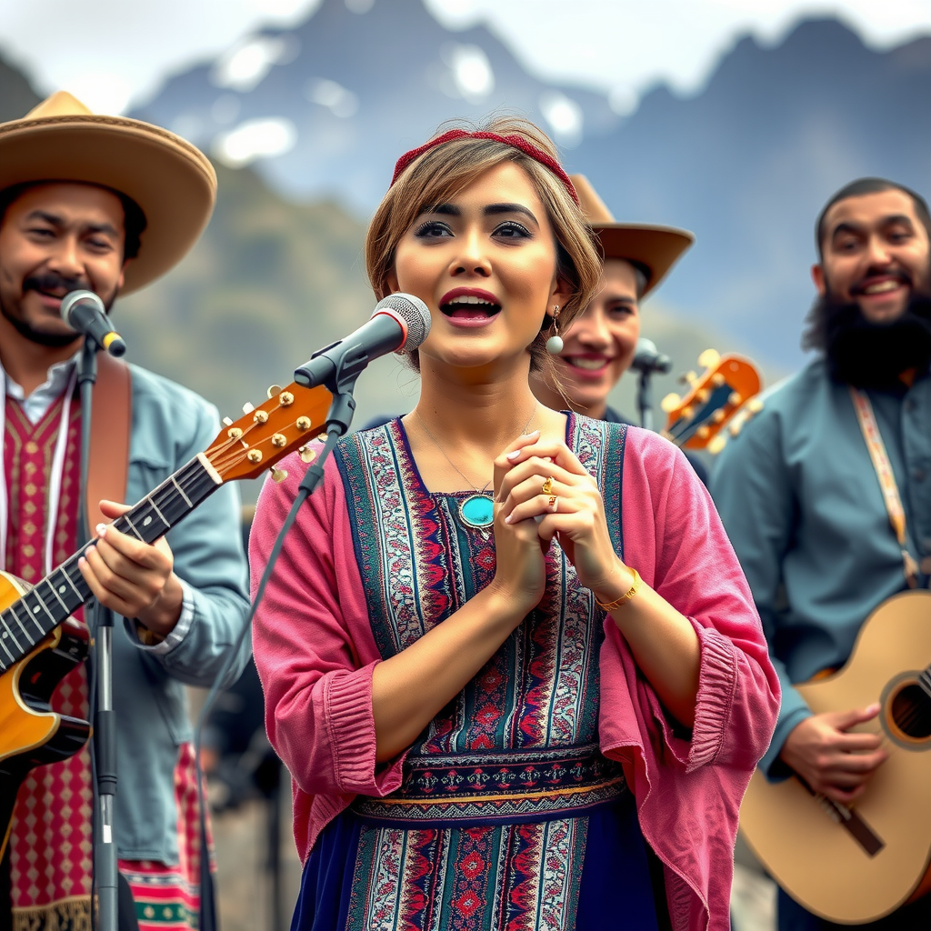 Female vocalist with traditional Kyrgyz band performing outdoors against mountain backdrop with folk instruments