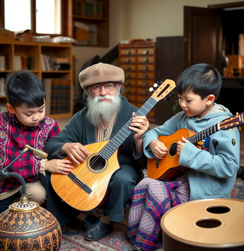 Elderly Kyrgyz master musician teaching young students to play traditional instruments in a community center, with both traditional and modern instruments visible, showing knowledge transfer between generations