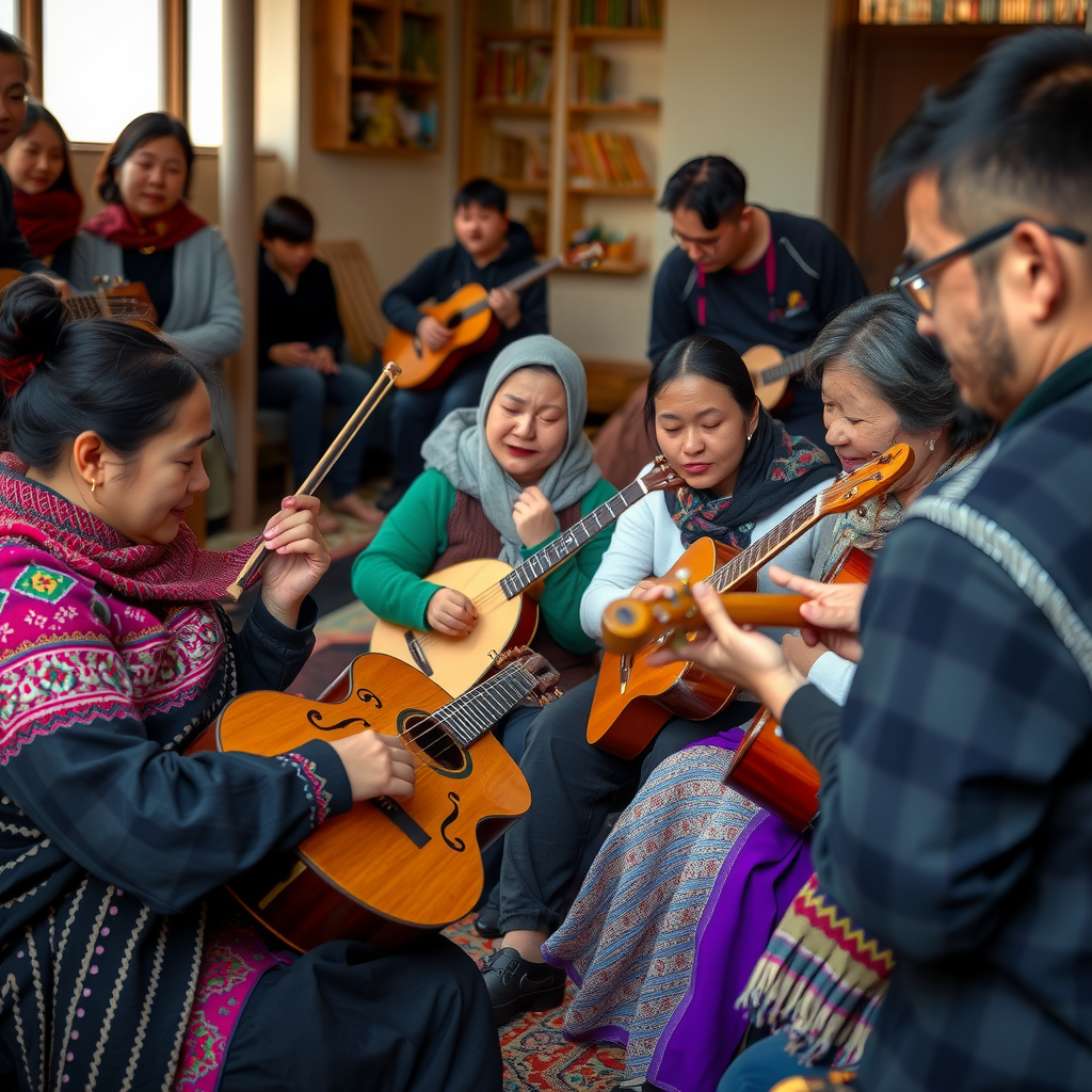 Community music workshop in Kyrgyzstan with people of different ages learning instruments together, cultural exchange between traditional and modern musicians, warm community atmosphere