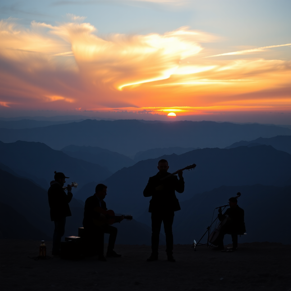 Panoramic view of Kyrgyz mountains with silhouettes of musicians playing both traditional and modern instruments at sunset
