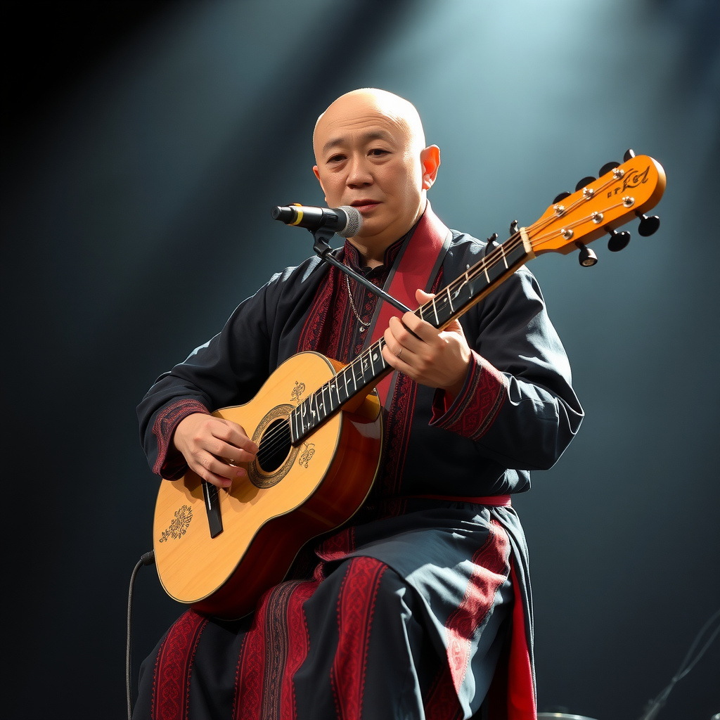 Master komuz player performing on stage wearing traditional Kyrgyz clothing, with intricate traditional patterns visible on the instrument and dramatic stage lighting highlighting the performance