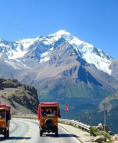 Scenic mountain road in Kyrgyzstan with festival-goers traveling in traditional vehicles, dramatic mountain landscapes, and clear blue skies showing the journey between festival locations