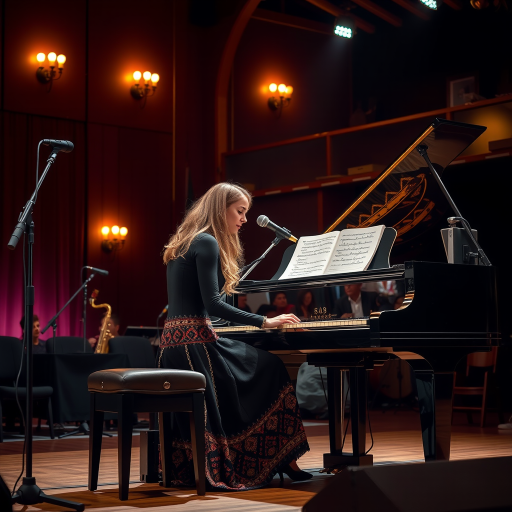 Elegant female jazz pianist at grand piano in intimate venue with warm stage lighting and traditional Kyrgyz textiles
